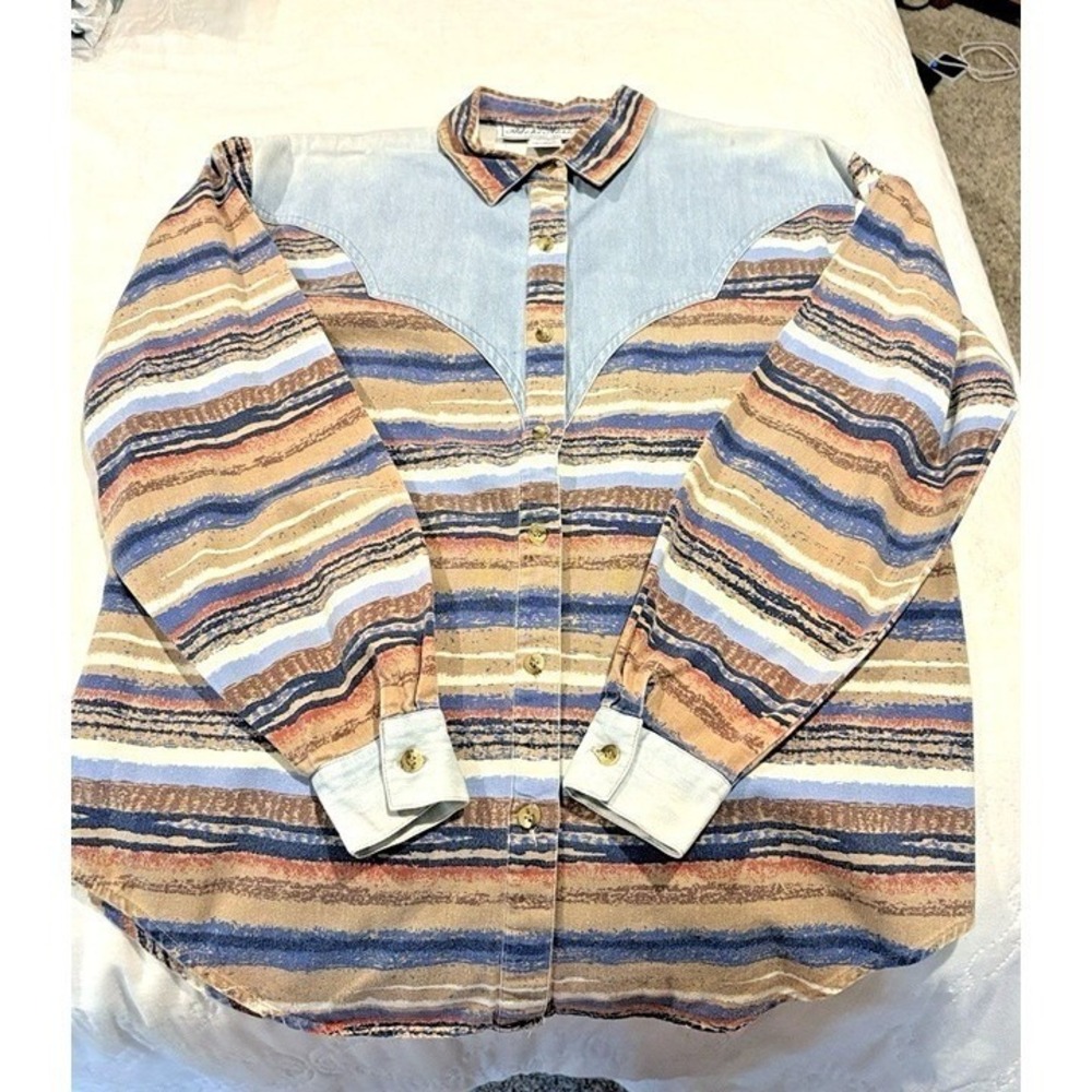 Adobe Rose women's western denim button-up shirt long sleeve -Size S (40)  Vtg